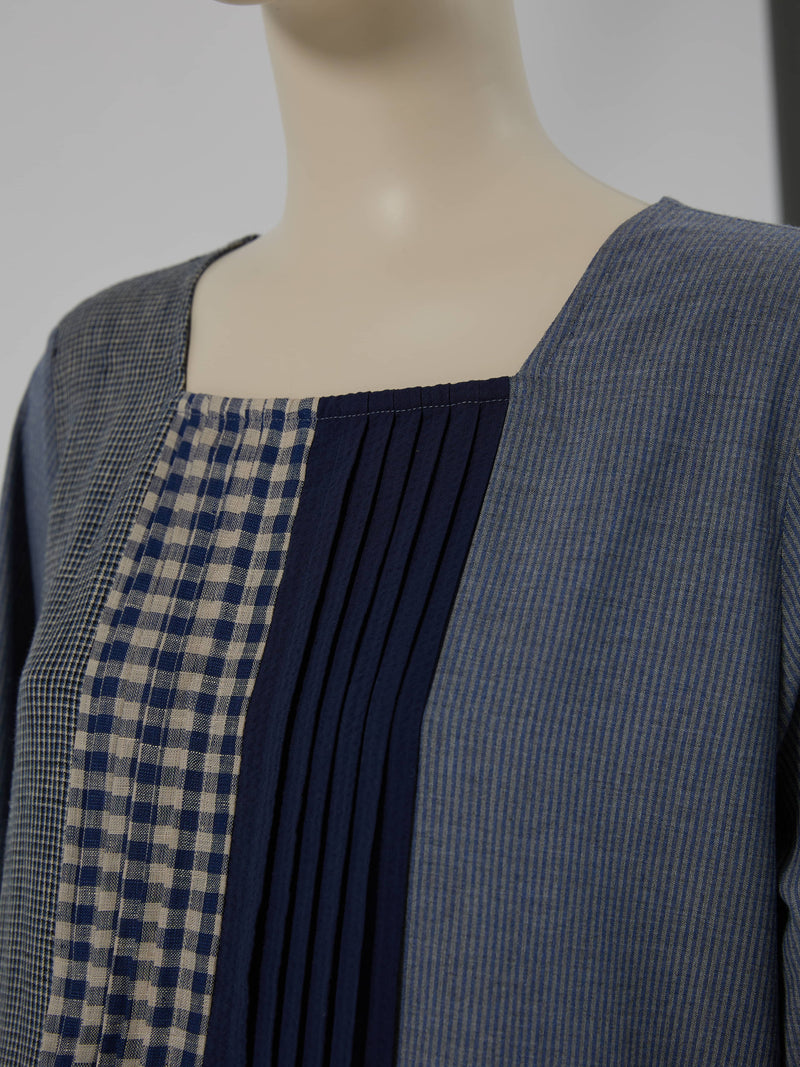 天然素材の持つ素朴な魅力を引き出す、洗練されたパッチワークデザイン　コットンリネン ワンピース　250306-1