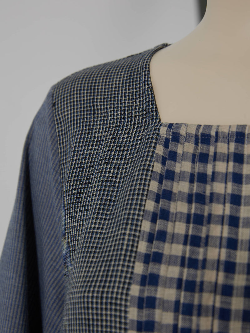 天然素材の持つ素朴な魅力を引き出す、洗練されたパッチワークデザイン　コットンリネン ワンピース　250306-1