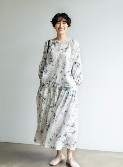 期間限定10％OFF★優しく揺れる、ゆるふわギャザースカート　バラー柄　麻のロングスカート　裏地付き　230610-1