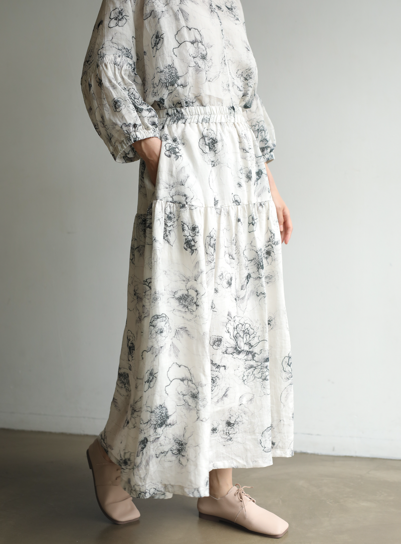 期間限定10％OFF★優しく揺れる、ゆるふわギャザースカート　バラー柄　麻のロングスカート　裏地付き　230610-1