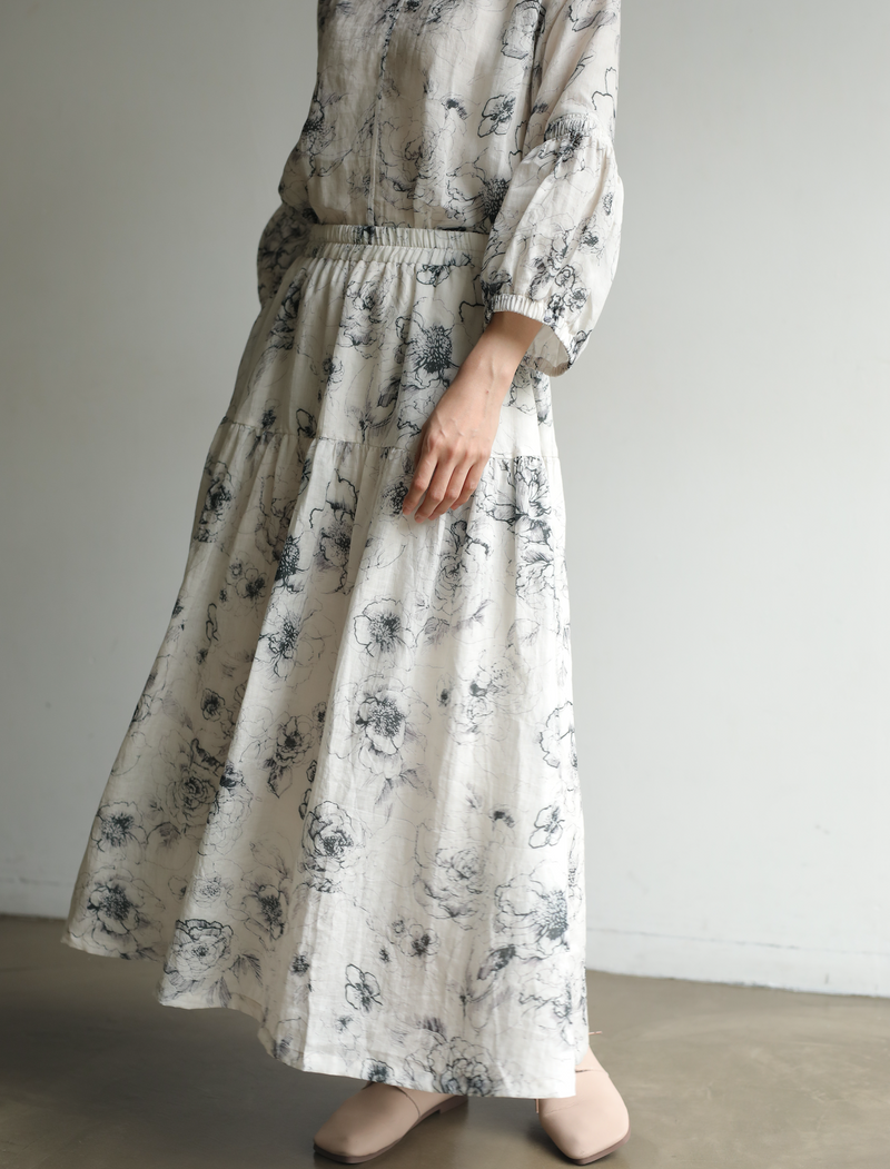 期間限定10％OFF★優しく揺れる、ゆるふわギャザースカート　バラー柄　麻のロングスカート　裏地付き　230610-1