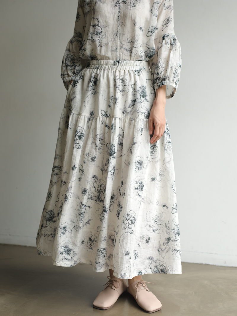期間限定10％OFF★優しく揺れる、ゆるふわギャザースカート　バラー柄　麻のロングスカート　裏地付き　230610-1
