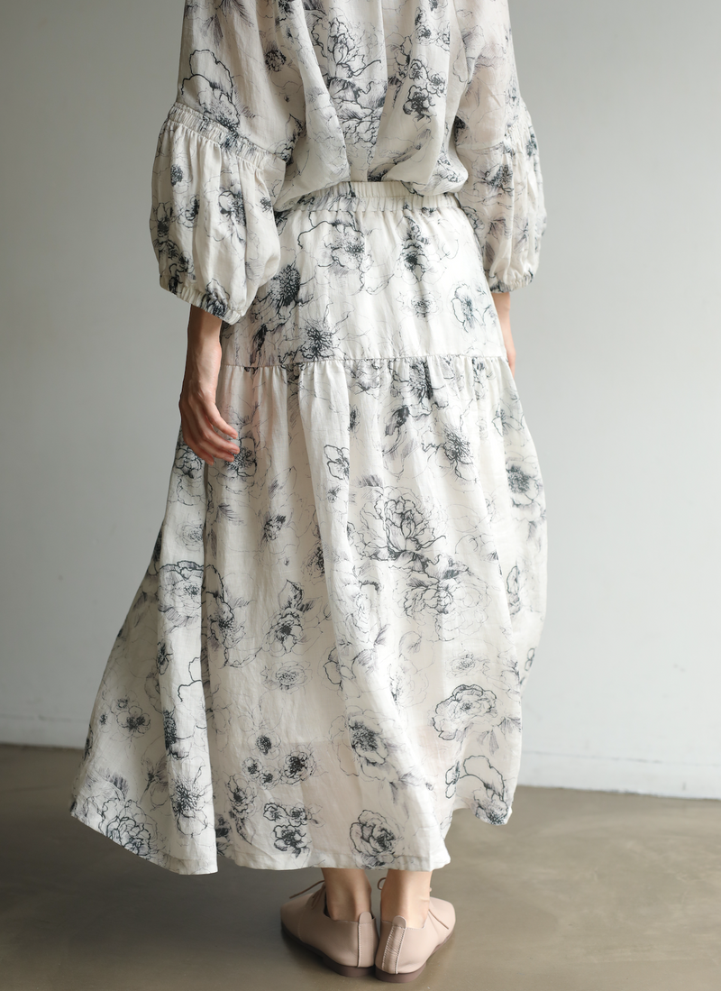 期間限定10％OFF★優しく揺れる、ゆるふわギャザースカート　バラー柄　麻のロングスカート　裏地付き　230610-1