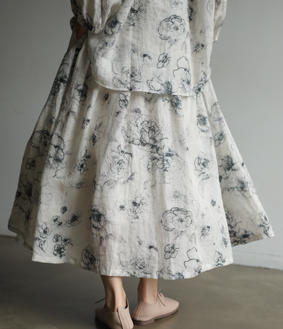 期間限定10％OFF★優しく揺れる、ゆるふわギャザースカート　バラー柄　麻のロングスカート　裏地付き　230610-1