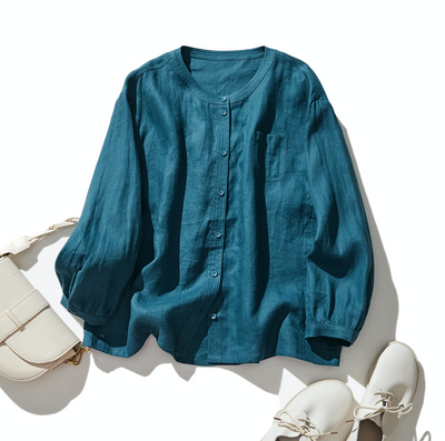 他にないデザイン♪バンドカラリネンシャツ　リネン100％　長袖　　230923