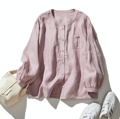 他にないデザイン♪バンドカラリネンシャツ　リネン100％　長袖　　230923