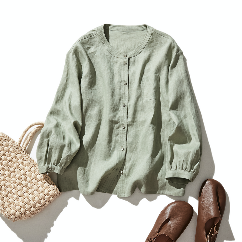 他にないデザイン♪バンドカラリネンシャツ　リネン100％　長袖　　230923