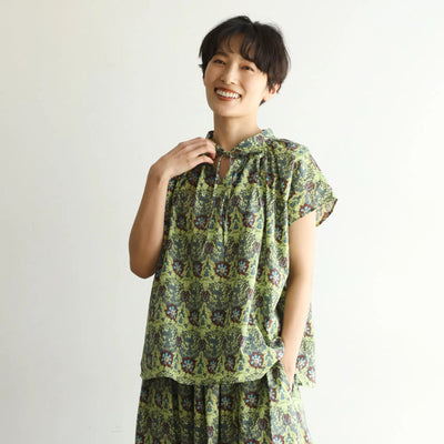 期間限定10％OFF★お洒落を楽しむ総柄ブラウス　フレンチスリーブ リボン付き　コットン　240709-1