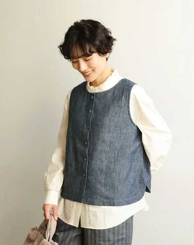 它將幫助你打破平常造型的單調。 2way 人字紋牛仔背心，棉質 240913-1 