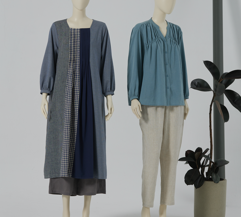 天然素材の持つ素朴な魅力を引き出す、洗練されたパッチワークデザイン　コットンリネン ワンピース　250306-1