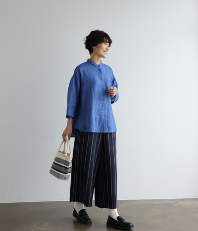 着やせデザインで動きやすさとスタイルアップを両立 オリジナル ストライプワイドパンツ リネン100％　 250405