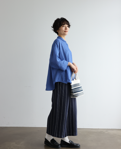 着やせデザインで動きやすさとスタイルアップを両立 オリジナル ストライプワイドパンツ リネン100％　 250405