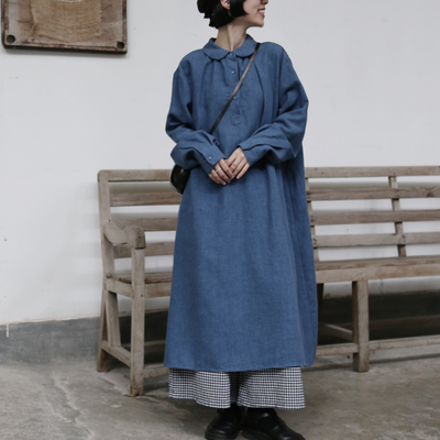 Create a sophisticated and cute look for adults. Round collar dress, long dress, linen dress 250918