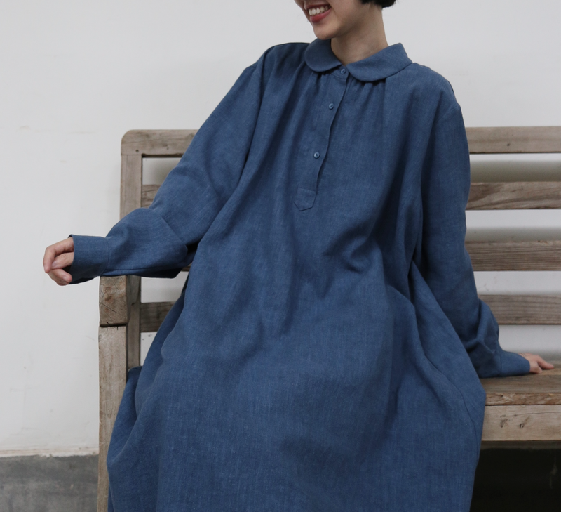 Create a sophisticated and cute look for adults. Round collar dress, long dress, linen dress 250918