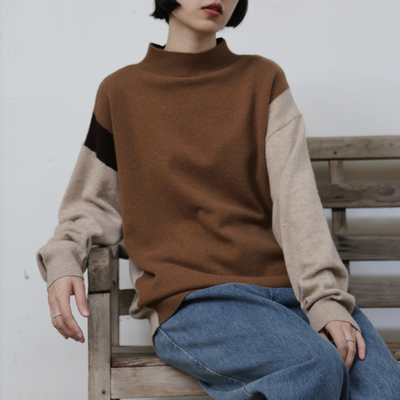 上品で雰囲気を醸し出す配色セーター　前後２wayセーター　ウールセーター ハイネック ニット　251006-1