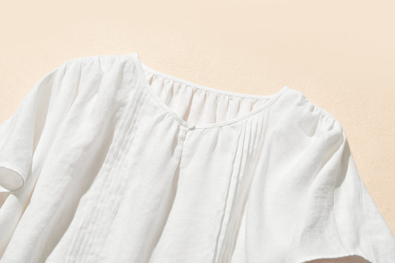 涼しげな大人可愛いピンタック入りブラウス　リネン100％　　230505