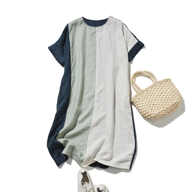 夏の定番ワンピース 配色ワンピース　リネン100％　半袖ワンピース　250705-1