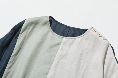 夏の定番ワンピース 配色ワンピース　リネン100％　半袖ワンピース　250705-1