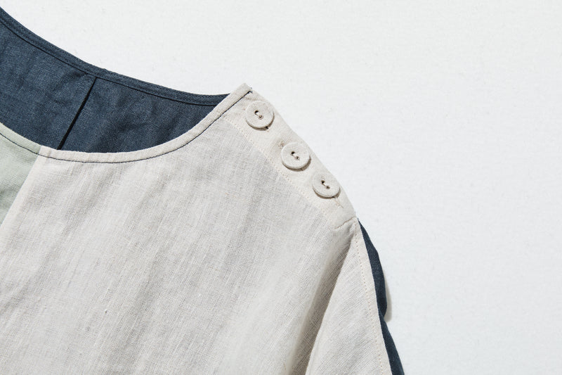 夏の定番ワンピース 配色ワンピース　リネン100％　半袖ワンピース　250705-1