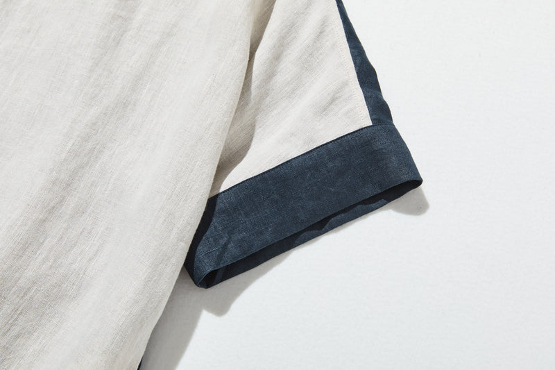 夏の定番ワンピース 配色ワンピース　リネン100％　半袖ワンピース　250705-1