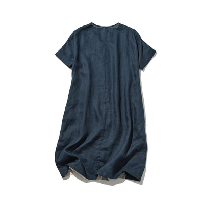 夏の定番ワンピース 配色ワンピース　リネン100％　半袖ワンピース　250705-1