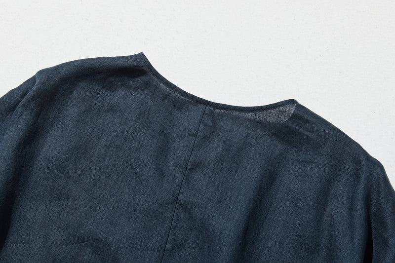 夏の定番ワンピース 配色ワンピース　リネン100％　半袖ワンピース　250705-1