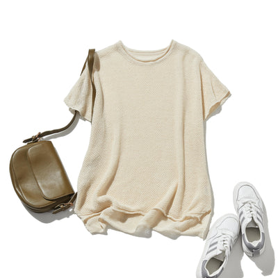 夏も冬も快適！立体編みのリネンコットンニットプルオーバー　　250703