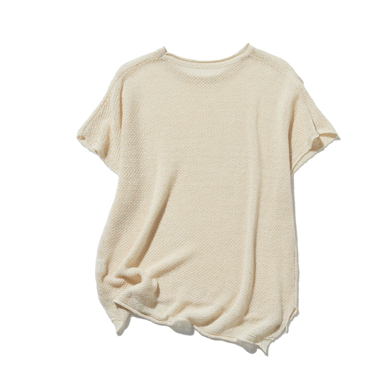 夏も冬も快適！立体編みのリネンコットンニットプルオーバー　　250703