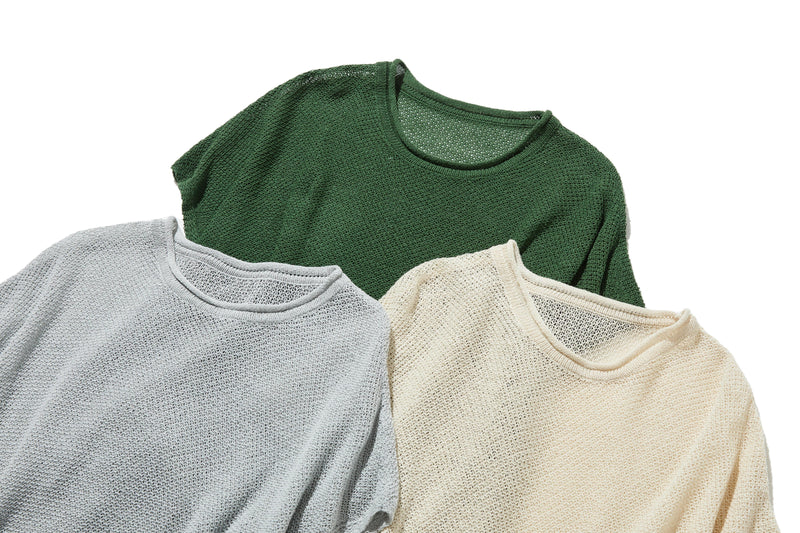 夏も冬も快適！立体編みのリネンコットンニットプルオーバー　　250703