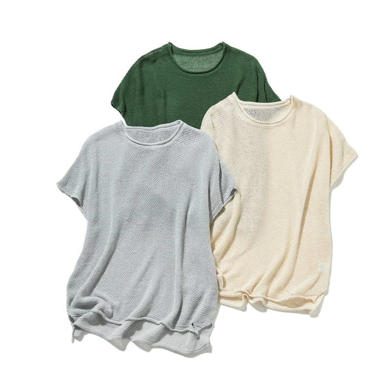 夏も冬も快適！立体編みのリネンコットンニットプルオーバー　　250703