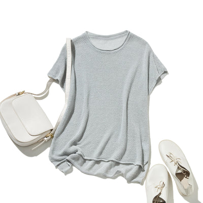 夏も冬も快適！立体編みのリネンコットンニットプルオーバー　　250703