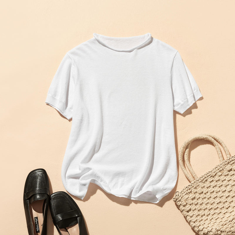 夏の定番に！涼やか着回しニット　リネン コットン半袖トップス　250704