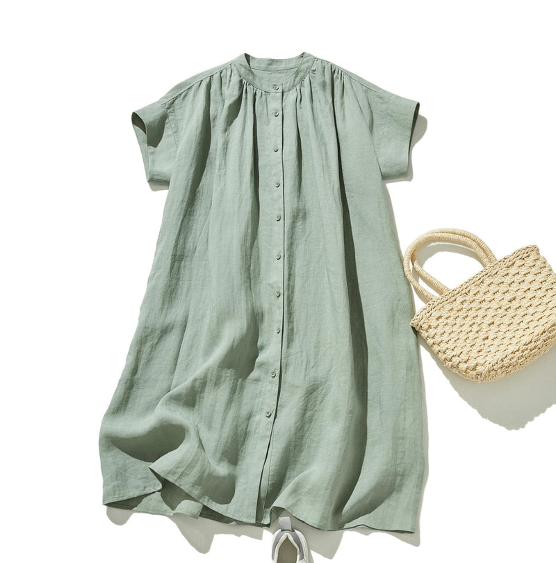 亞麻連身裙採用奢華面料和大量褶皺製成 100% 亞麻 240602