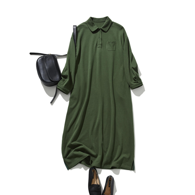 春と夏にぴったり！ ラフで動きやすいポロカラーワンピース　コットン100％　　250303