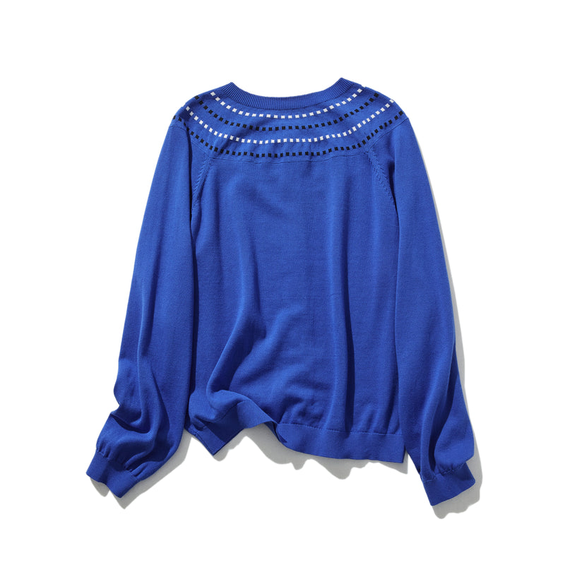 存在感適中的開襟羊毛衫，配色提花，長袖，241001