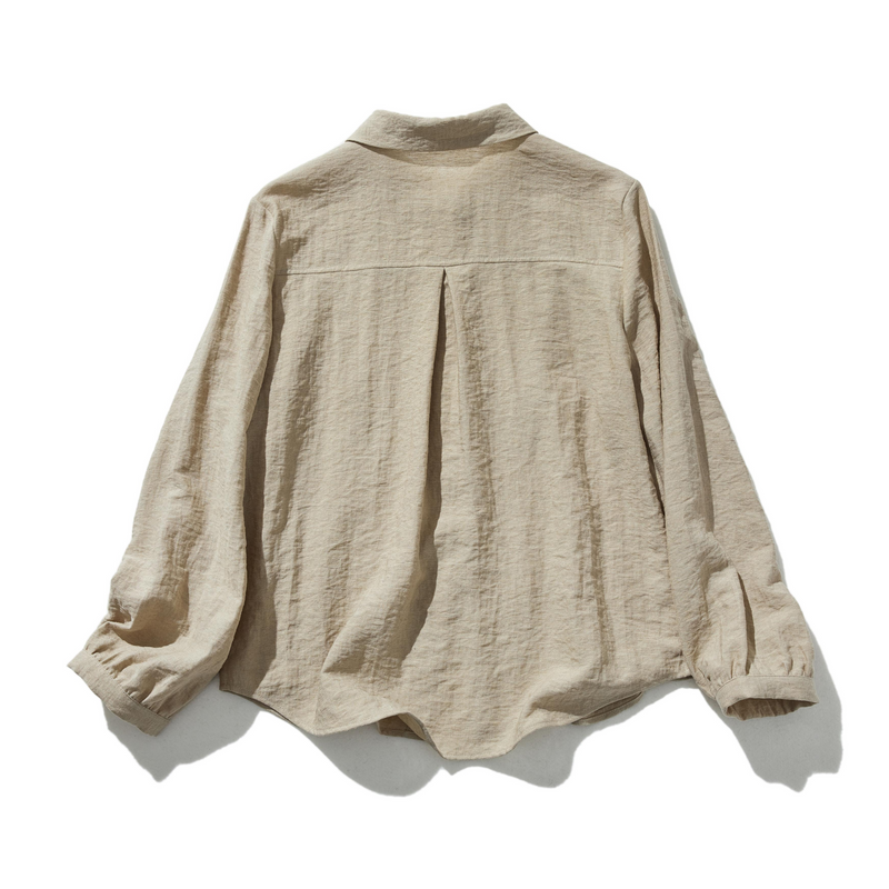 可愛成熟的圓領襯衫，褶皺，長袖，亞麻混紡襯衫 241007