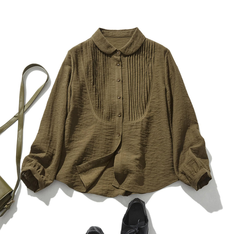 可愛成熟的圓領襯衫，褶皺，長袖，亞麻混紡襯衫 241007