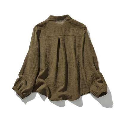 可愛成熟的圓領襯衫，褶皺，長袖，亞麻混紡襯衫 241007