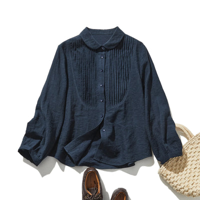 可愛成熟的圓領襯衫，褶皺，長袖，亞麻混紡襯衫 241007