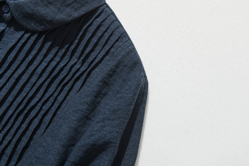 可愛成熟的圓領襯衫，褶皺，長袖，亞麻混紡襯衫 241007