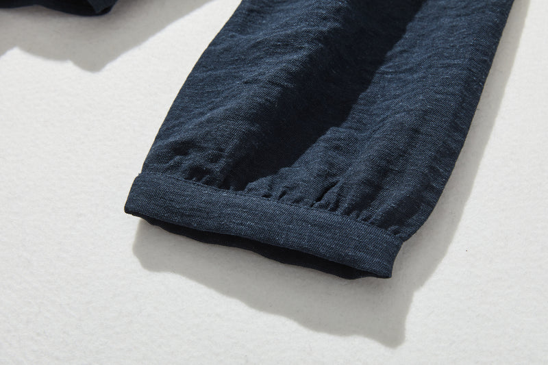 可愛成熟的圓領襯衫，褶皺，長袖，亞麻混紡襯衫 241007