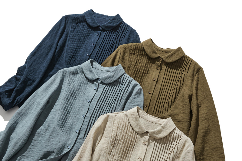 可愛成熟的圓領襯衫，褶皺，長袖，亞麻混紡襯衫 241007