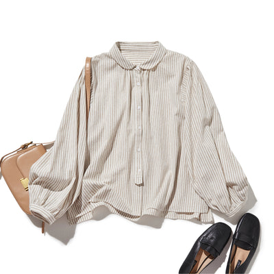 大人可愛い！ヴィンテージモードなストライプコットンリネンシャツ　250906