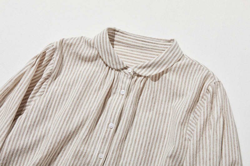 大人可愛い！ヴィンテージモードなストライプコットンリネンシャツ　250906