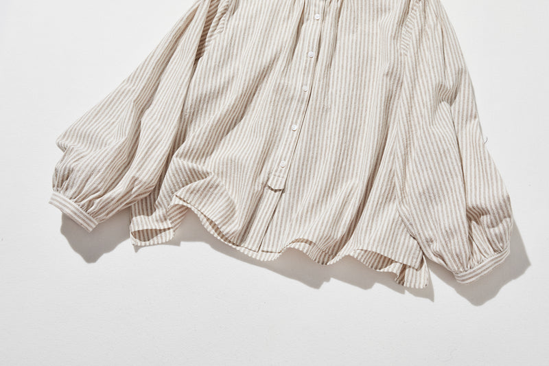 大人可愛い！ヴィンテージモードなストライプコットンリネンシャツ　250906
