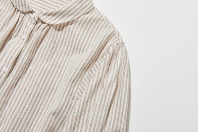 大人可愛い！ヴィンテージモードなストライプコットンリネンシャツ　250906