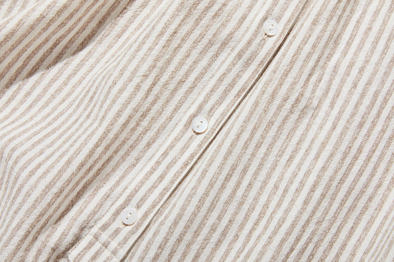 大人可愛い！ヴィンテージモードなストライプコットンリネンシャツ　250906