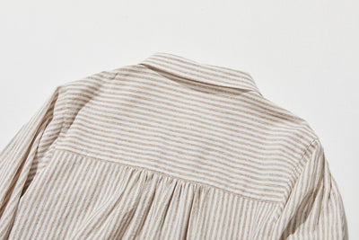 大人可愛い！ヴィンテージモードなストライプコットンリネンシャツ　250906