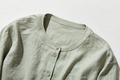 他にないデザイン♪バンドカラリネンシャツ　リネン100％　長袖　　230923