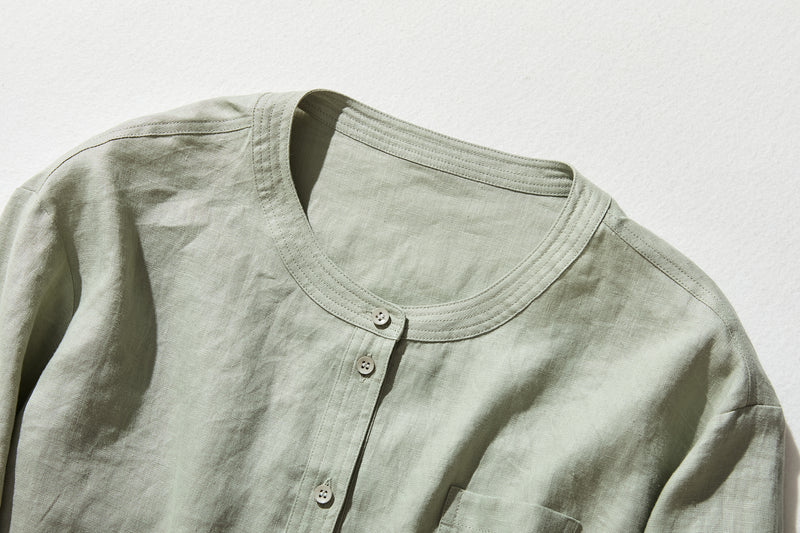 他にないデザイン♪バンドカラリネンシャツ　リネン100％　長袖　　230923